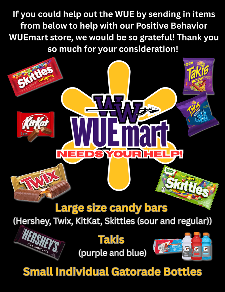 Large size candy bars (Hershey, Twix, KitKat, Skittles (sour and regular)) Takis (purple and blue) Gatorade