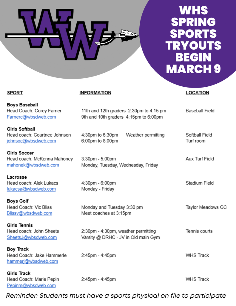 whs spring sports tryouts