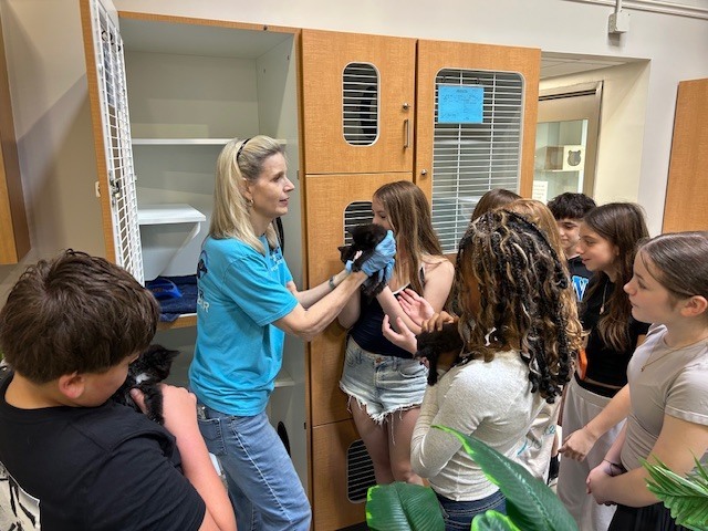 students holding kittens