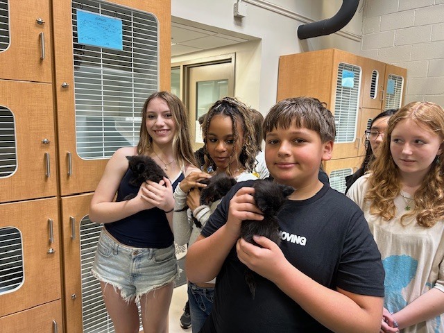 students holding kittens