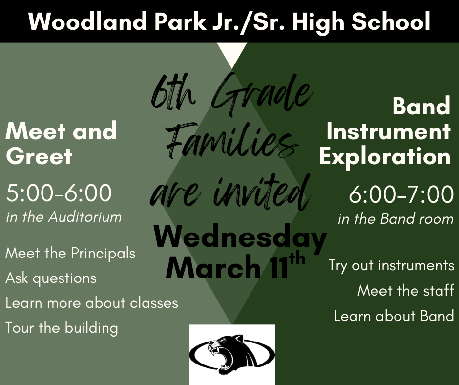 Graphic inviting 6th graders and their families to Meet and Greet and Band Instrument Exploration