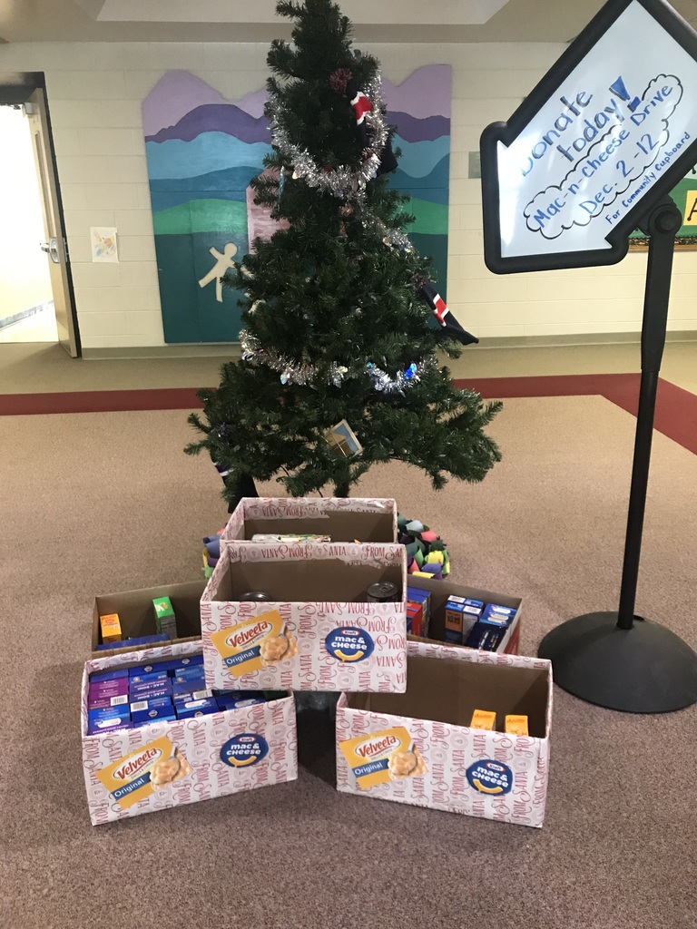 The angle tree with wrapped mac and cheese boxes for the food drive