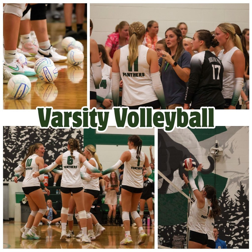 Varsity Volleyball collage of four scenes from the game vs. Mesa Ridge