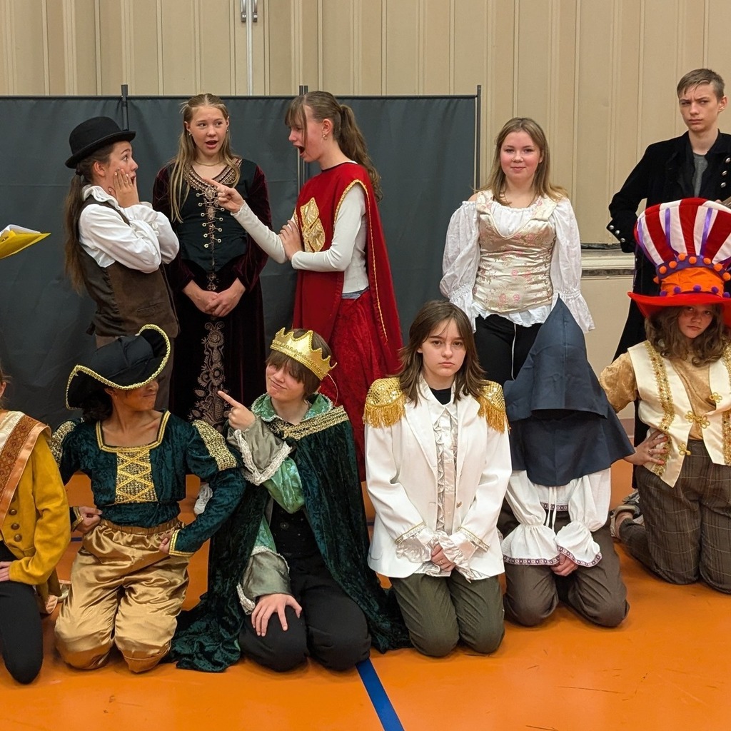 Students from Mrs. Spornak's Theater Performance class in costume for their production of The 500 Hats of Bartholomew Cubbins