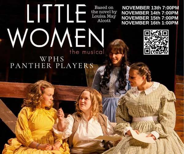 Little Women infographic with students sitting on the stage during a rehearsal