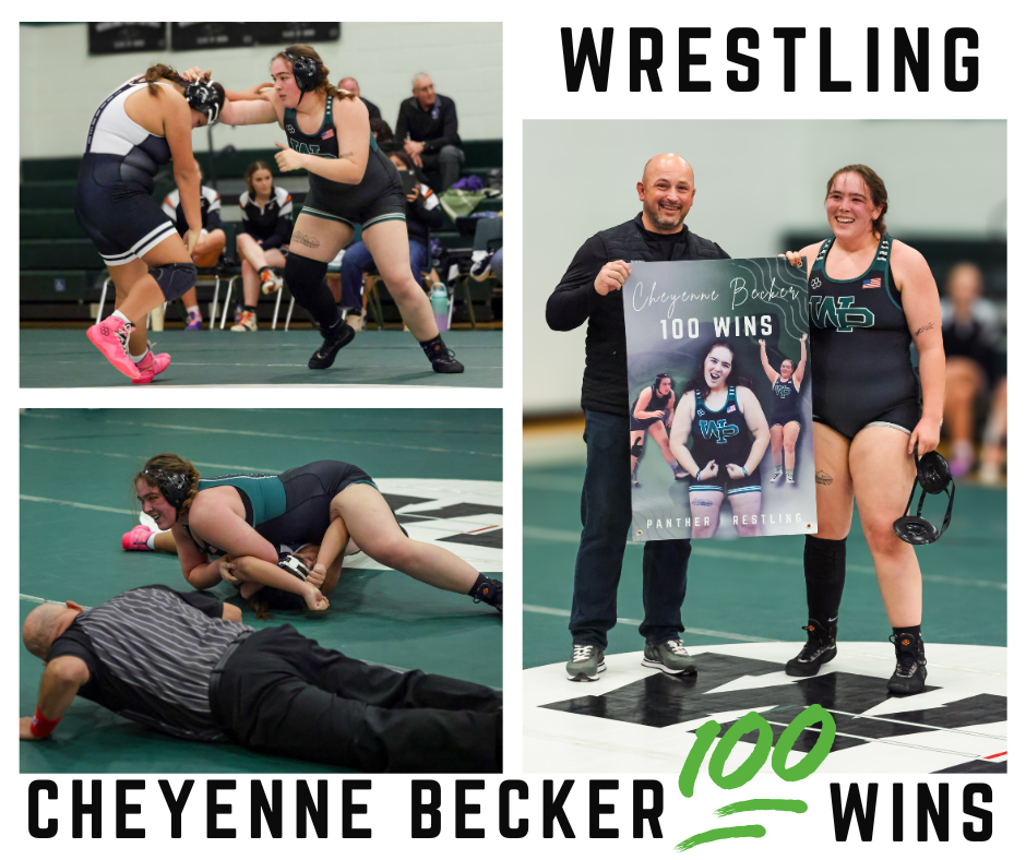 Collage of wrestling athlete, Cheyenne Becker after 100th win. 