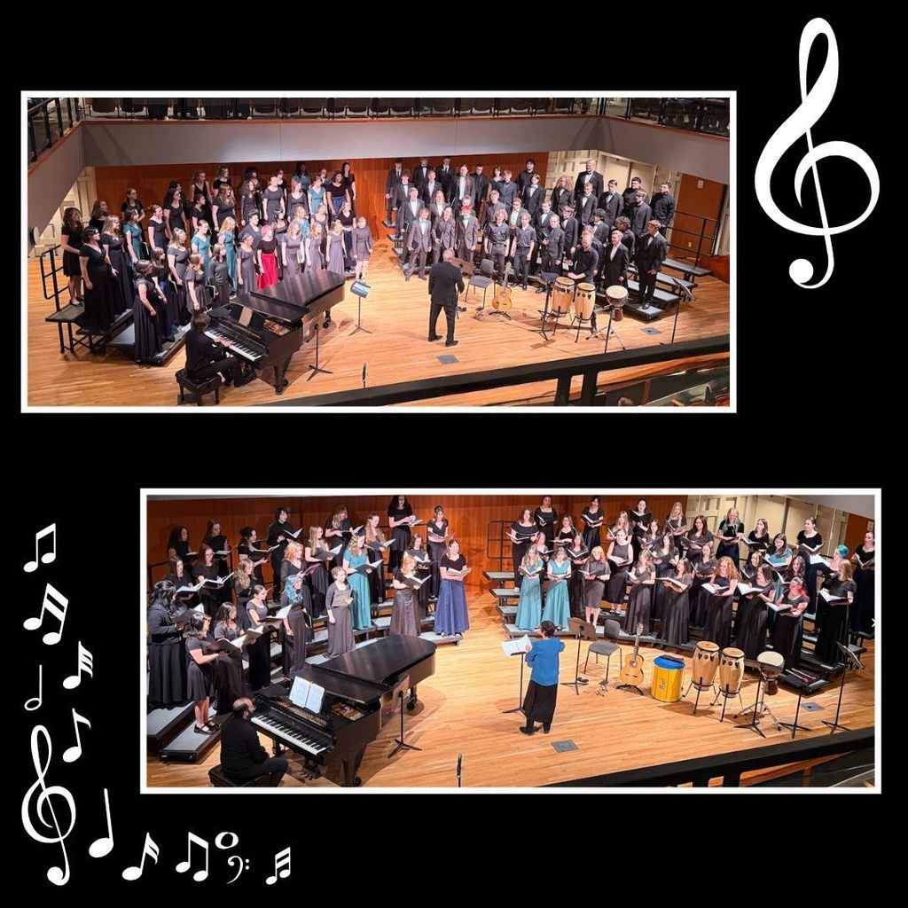 Collage of two photos of choir members on stage performing