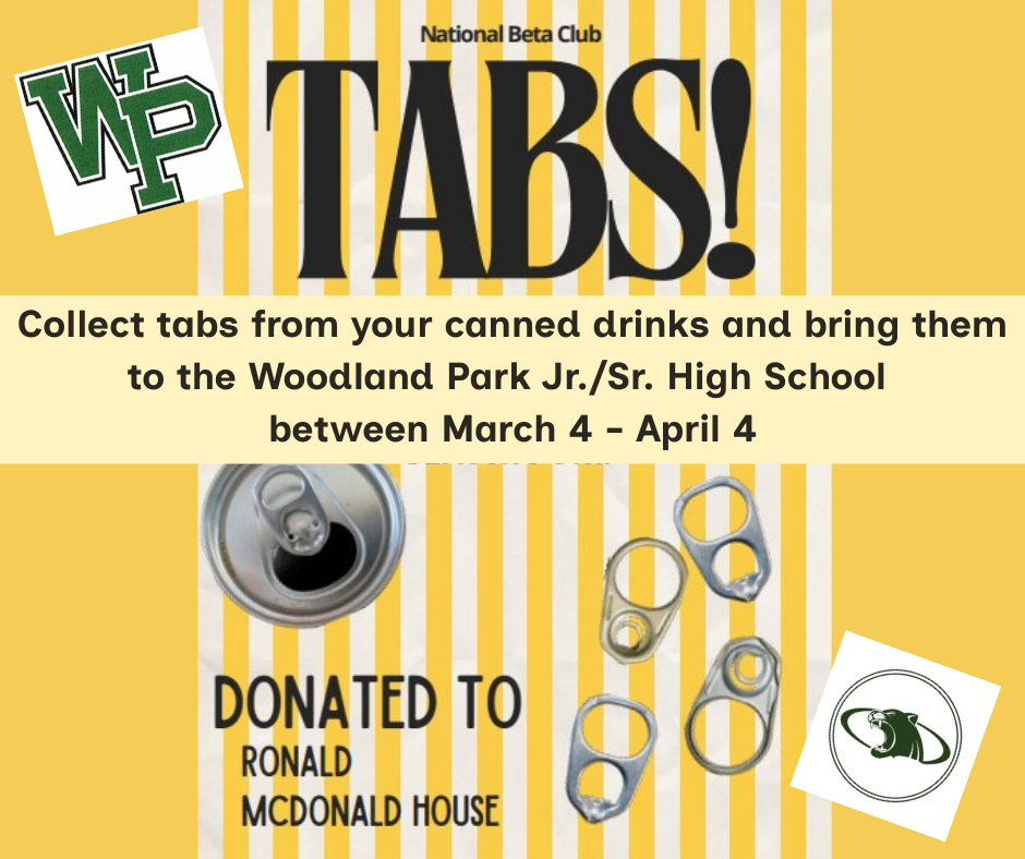 Graphic announcing Beta Club collecting soda can tabs from March 4-April 4