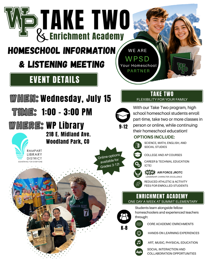 Homeschool information and listening meeting on July 15 from 1-3 pm at the Woodland Park Public Library