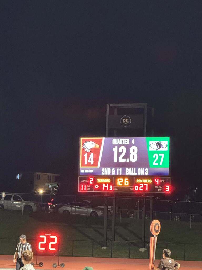 Scoreboard, final score Woodland Park 27, Palmer 14