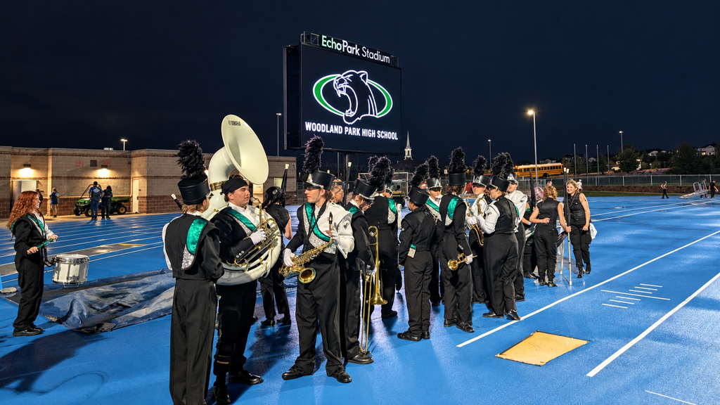 The marching band staged in the end zone under the stadium sign that reads "Woodland Park High School"