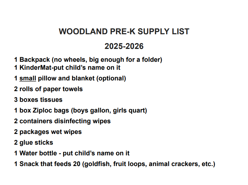 2025 - 2026 Pre-K School Supply List