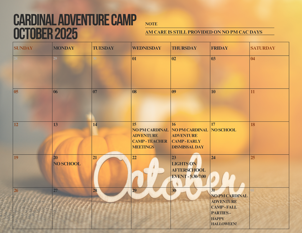 October calendar for Cardinal Adventure Camp.