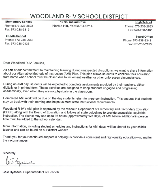 Alternative Methods of Instruction letter from Cole Byassee