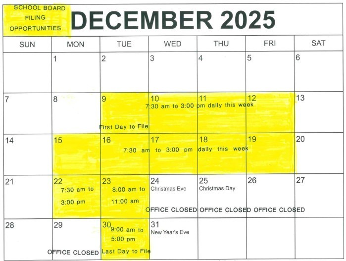 School Board Filing Calendar December 2025