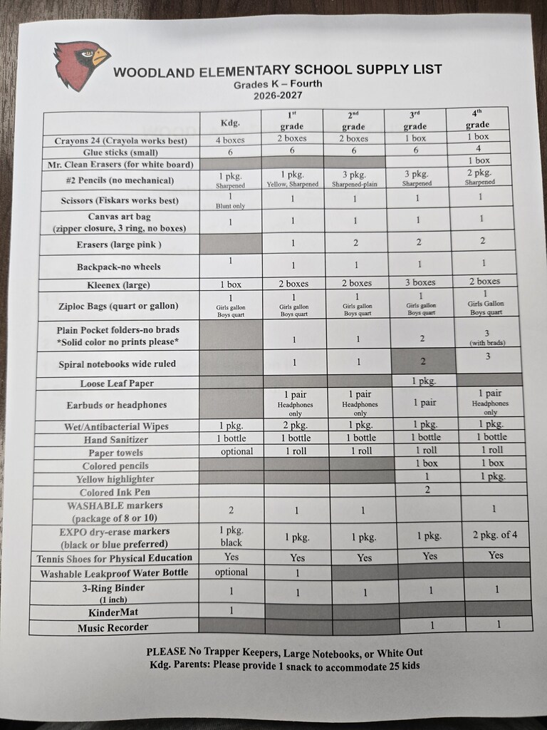 School Supply List 2026-2027