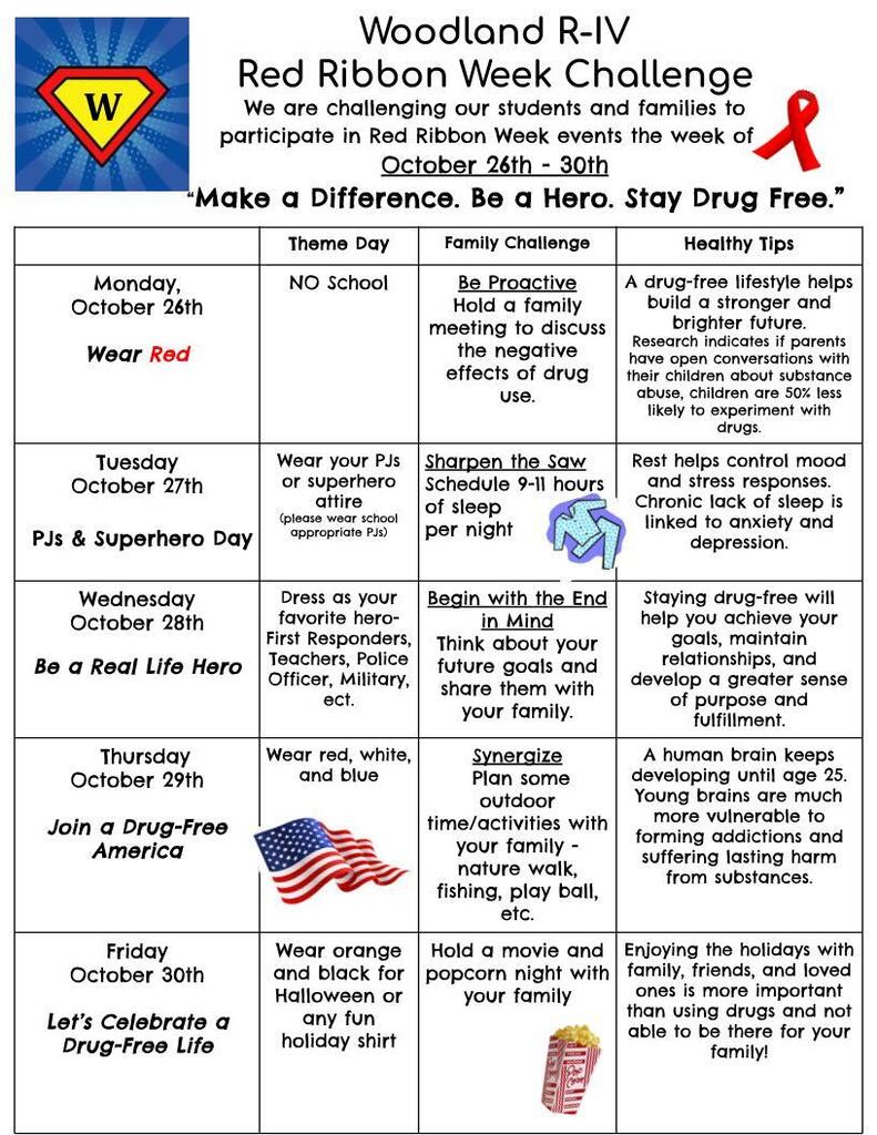 Daily activities for red ribbon week.
