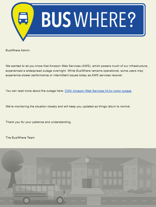 BusWhere impacted by Amazon Web Services outage Oct. 20, 2025