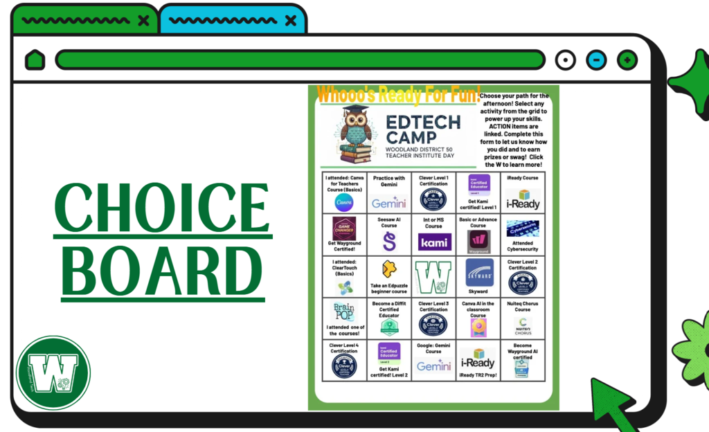 EDTECH Camp Choice Board with activities to help staff build skills