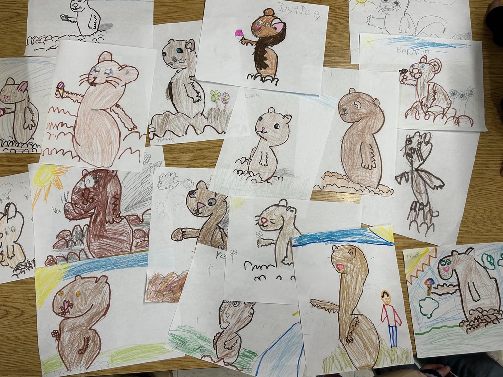 Groundhog Day artwork at Elementary - student drawings of groundhogs