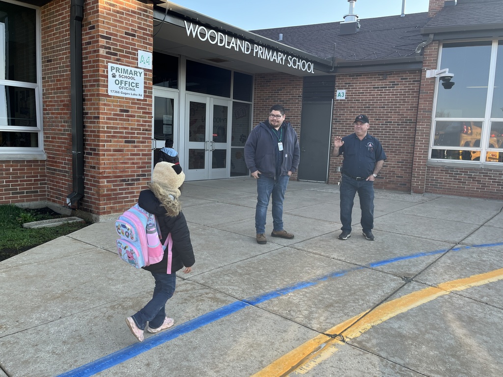 Morning Greeters welcoming students to Woodland Primary April 6, 2026