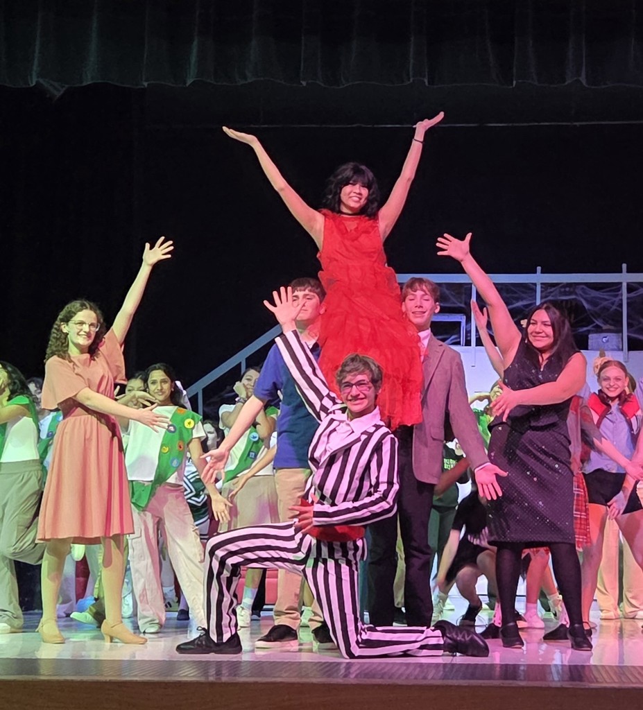 The WMS Drama Program put on Beetlejuice Jr. and this is a photo from the final scene  - students on stage in costume. April 2026