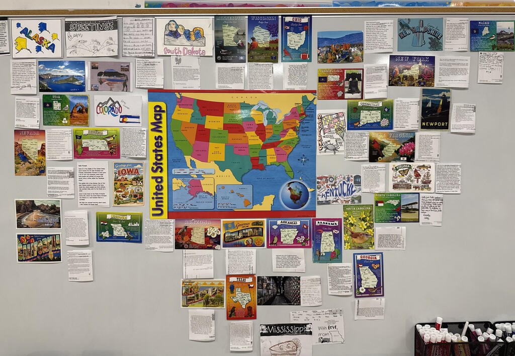Display of the postcards Ms. Thomas and her students received from other states