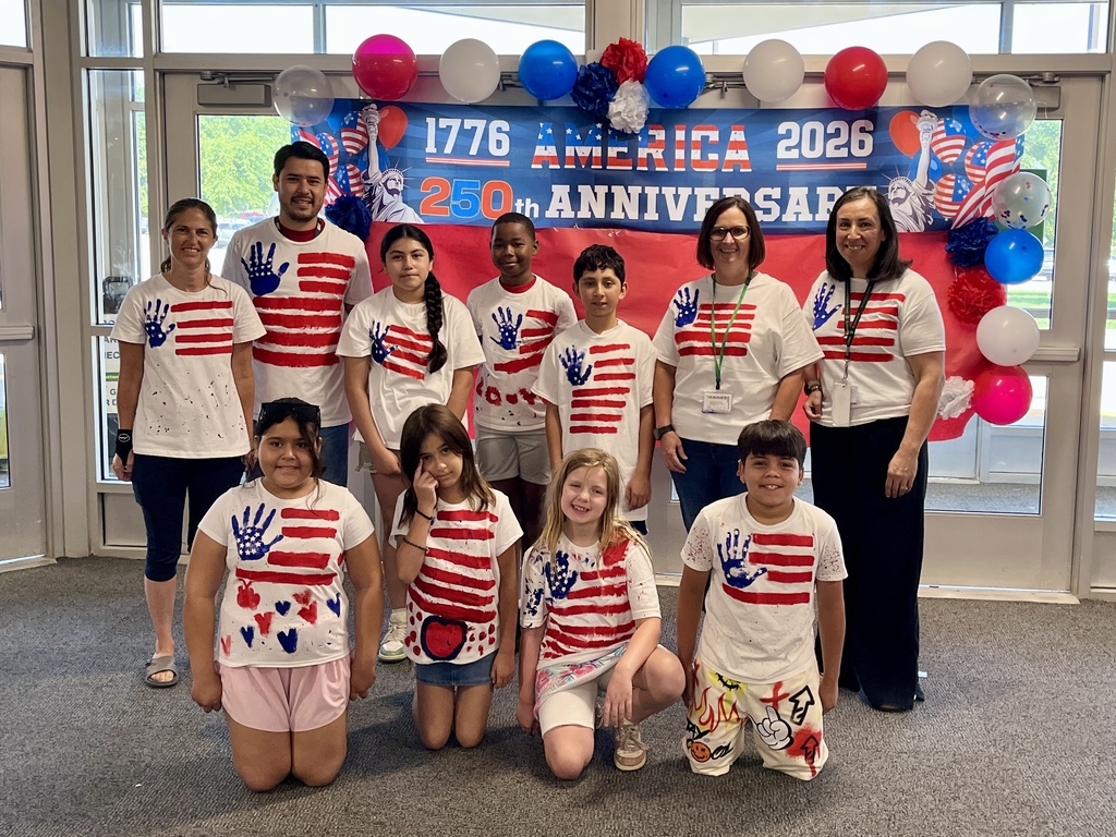 Group photo - Students made red, white, and blue flag shirts for America's 250 Celebration