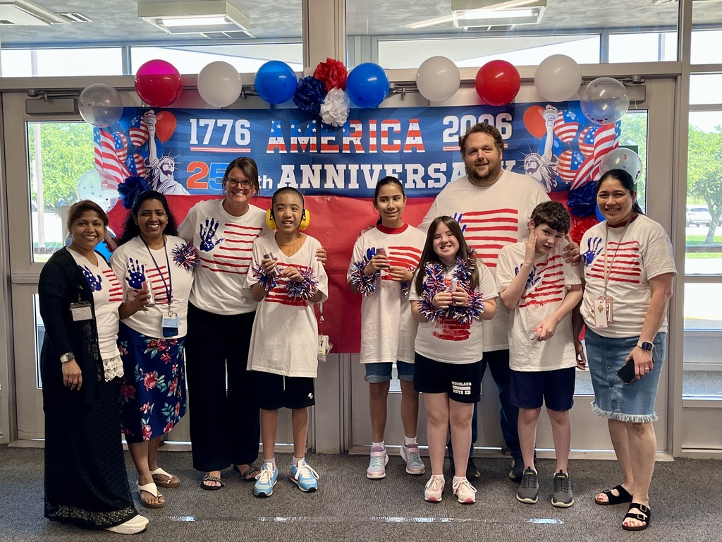 Group photo - Students made red, white, and blue flag shirts for America's 250 Celebration