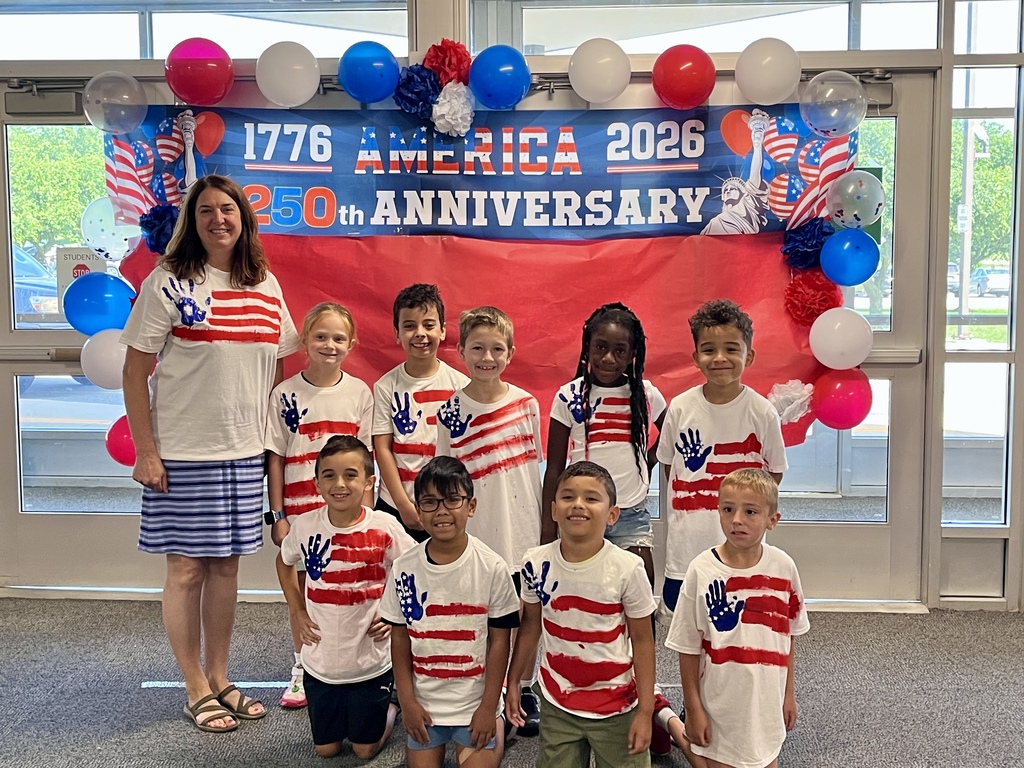 Group photo - Students made red, white, and blue flag shirts for America's 250 Celebration