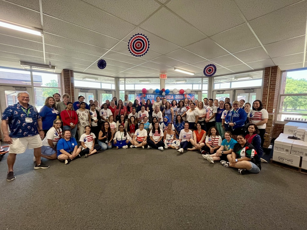Group photo - Summer School teachers dressed in red, white, and blue for America's 250 Celebration