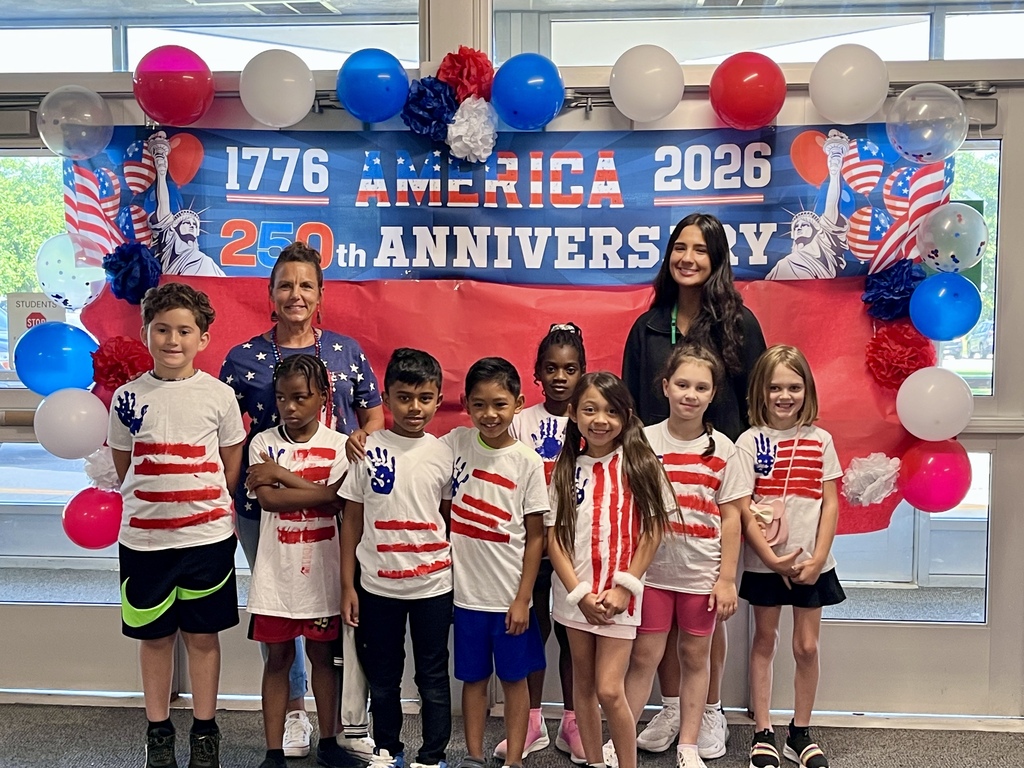 Group photo - Students made red, white, and blue flag shirts for America's 250 Celebration