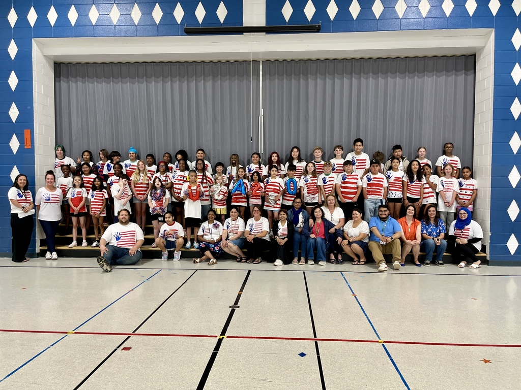 Group photo - Students made red, white, and blue flag shirts for America's 250 Celebration