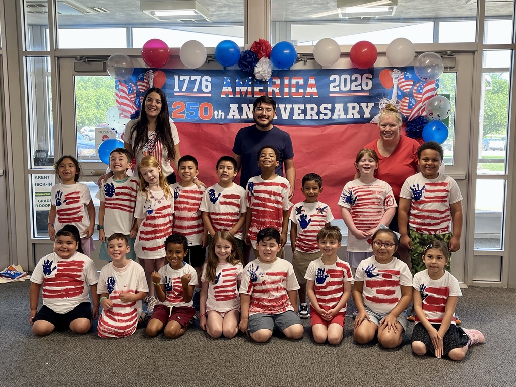 Group photo - Students made red, white, and blue flag shirts for America's 250 Celebration