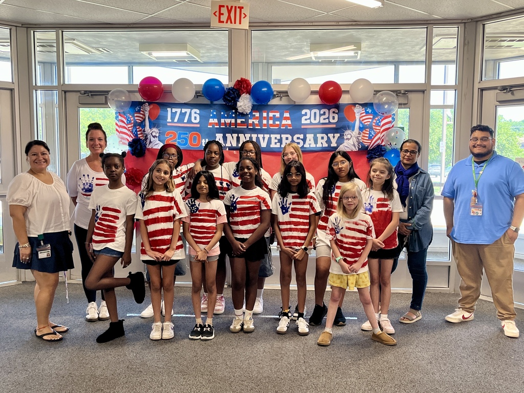 Group photo - Students made red, white, and blue flag shirts for America's 250 Celebration