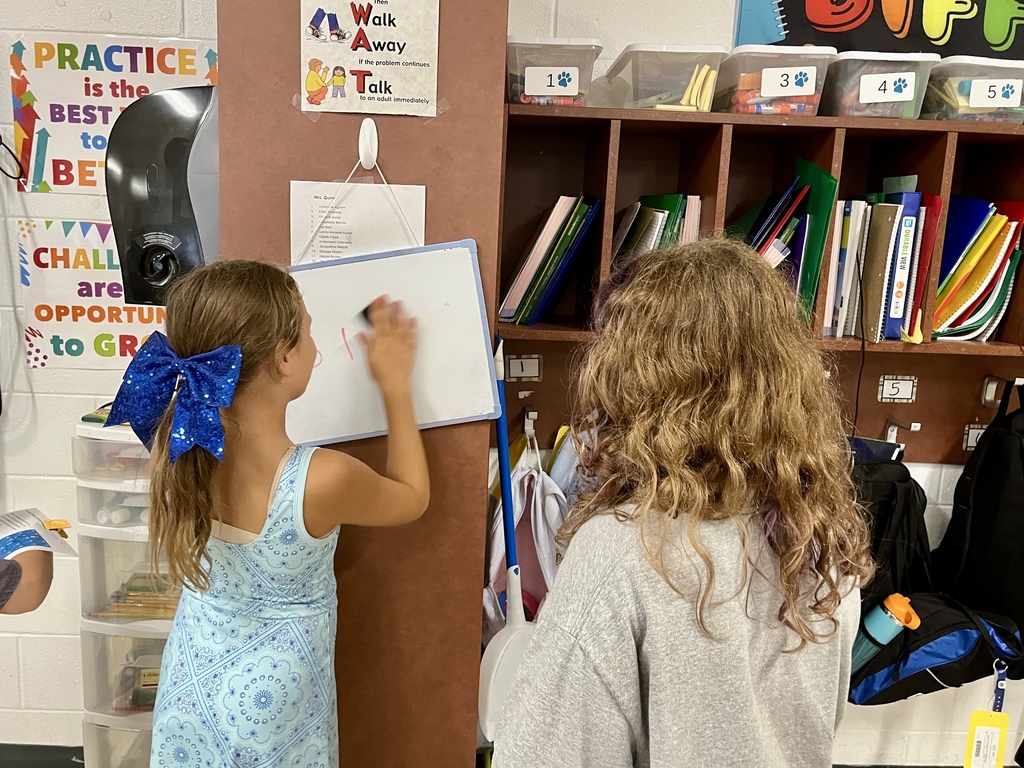 Students work together to solve a complex math problem on the whiteboards around the classroom
