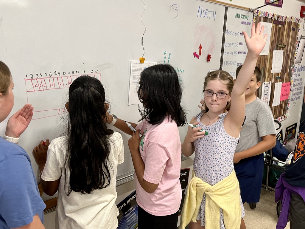 Students work together to solve a complex math problem on the whiteboards around the classroom