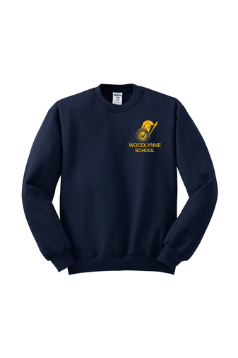 navy blue crew neck sweatshirt with school logo left chest
