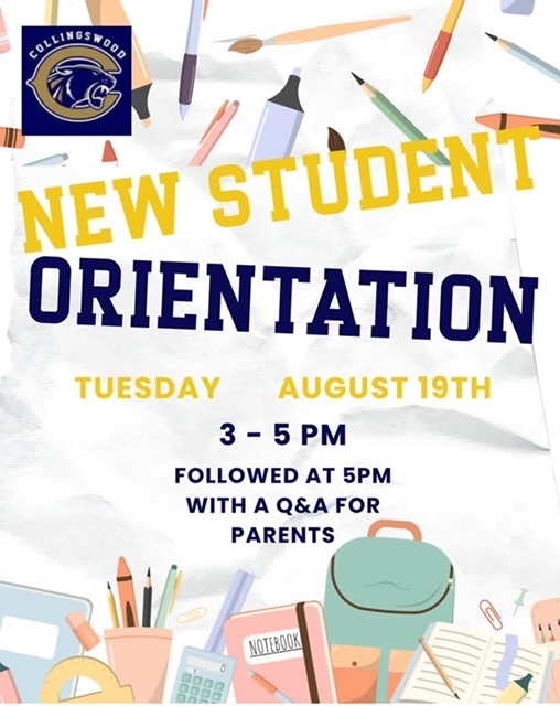 Colls logo in corner, new student orientation date and time