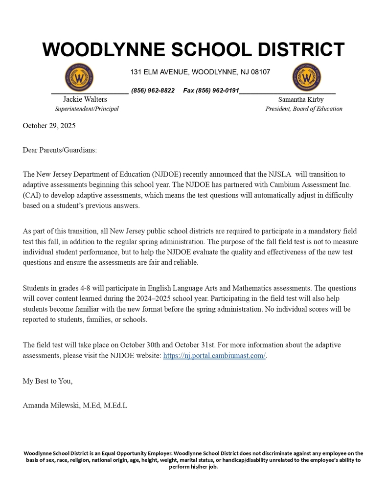Notice to parents about NJDOE NJSLA fall testing