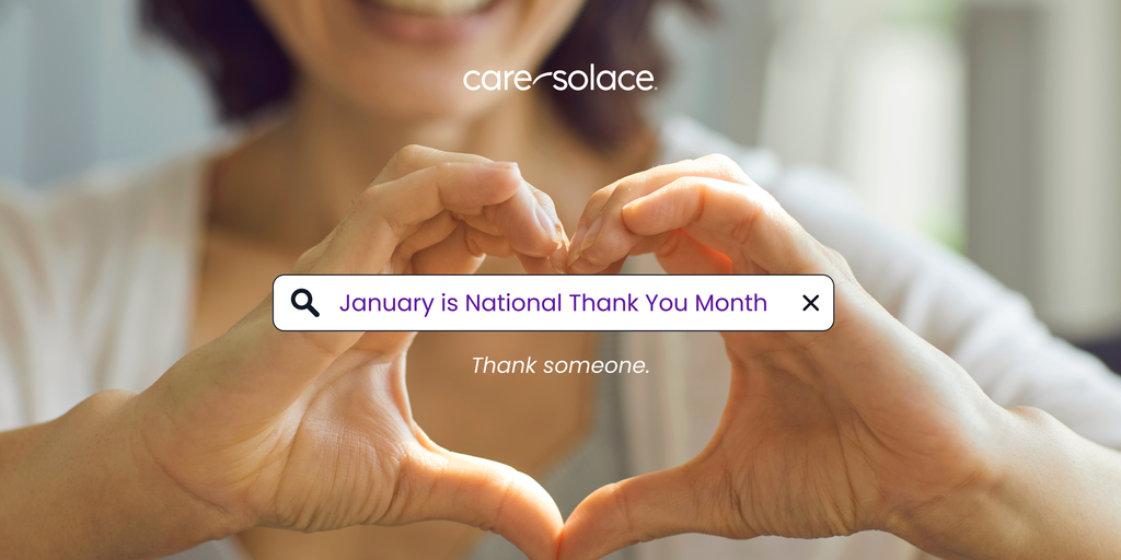 Care Solace January is National Thank you month with fingers making a heart shape