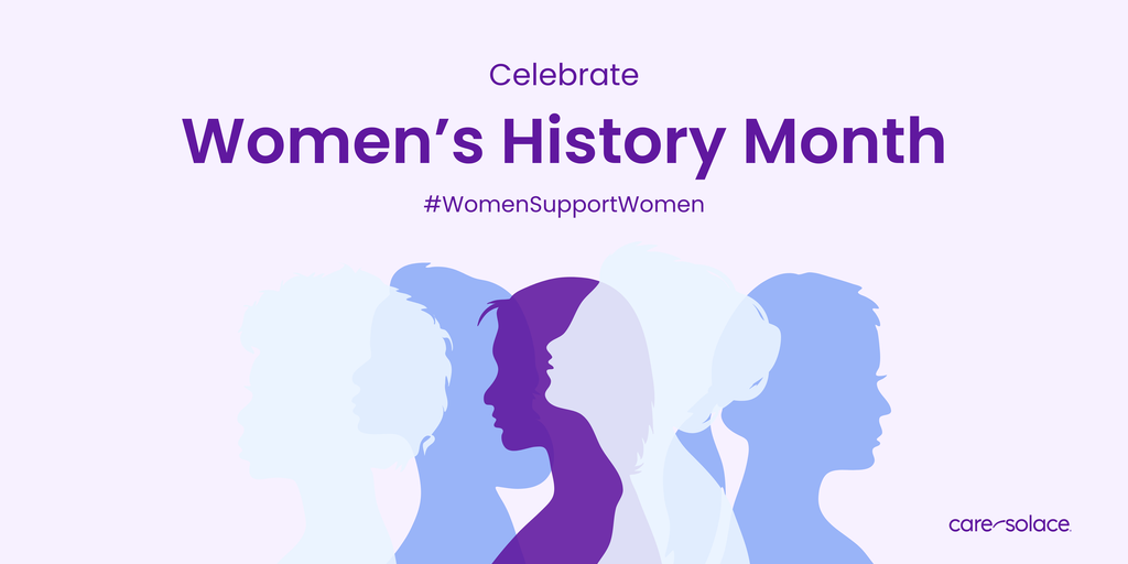 Celebrate Women's History Month purple with silouettes of women 