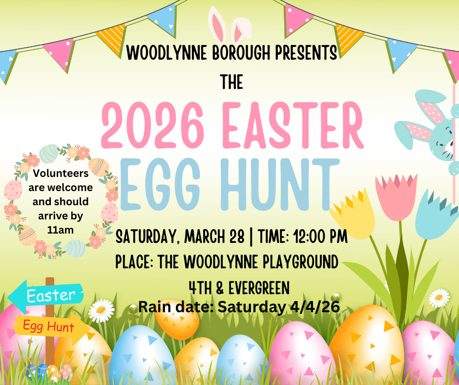 Woodlynne borough town egg hunt March 28 12 noon 4th and evergreen english