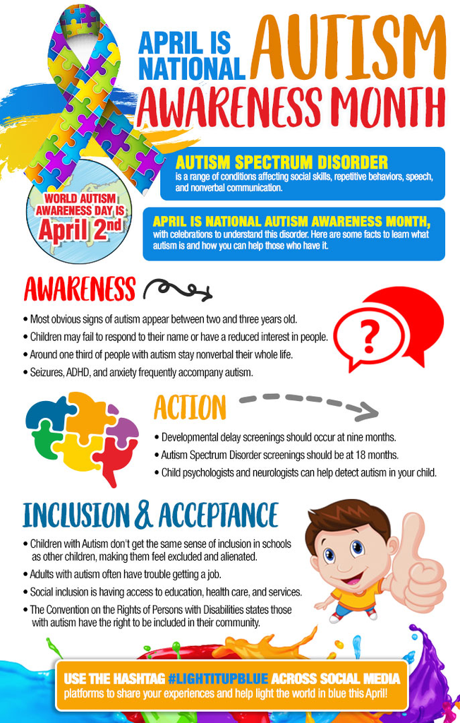 Autism acceptance month flyer with information on action inclustion and acceptance and awareness