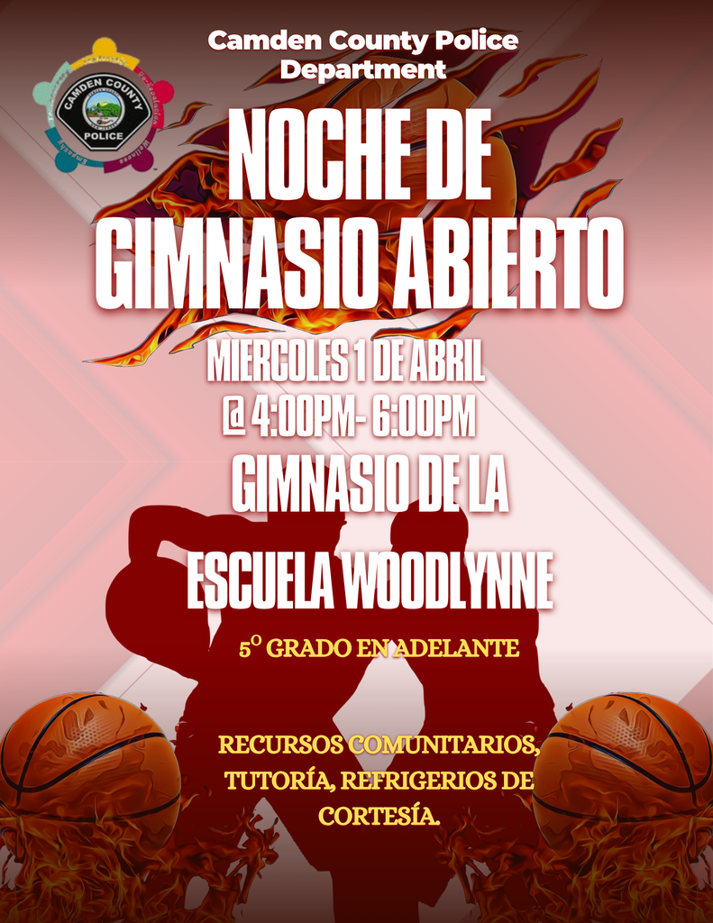 background basketball and silouette of players Open gym night april 1 4p-6p grades 5-8 camden county metro police logo spanish