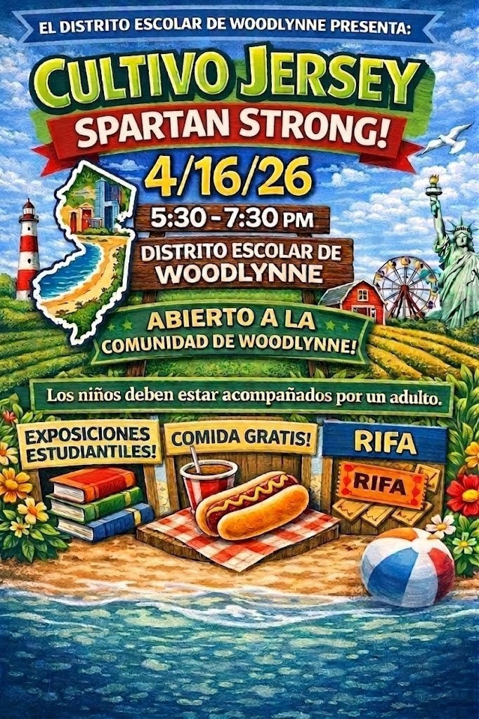 Colorful picture of a farm, outline of new jersey with beach scene Jersey Grown Spartan Strong 4/16/2026 530p - 730p Woodlynne School District