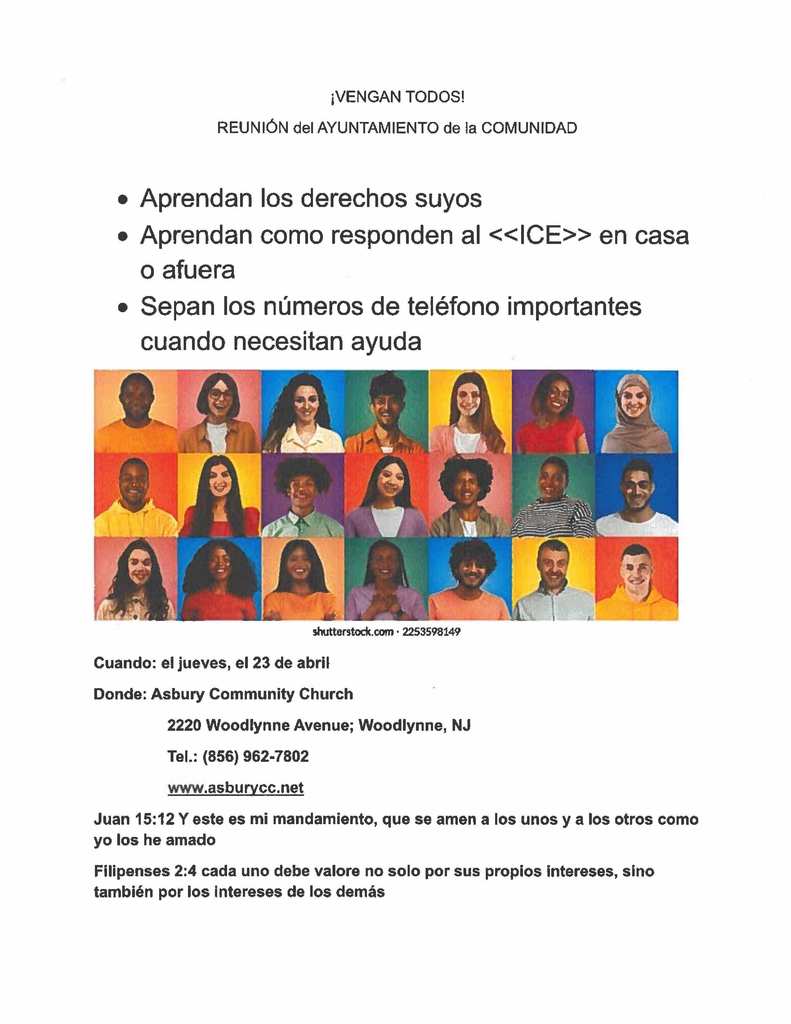 community town hall meeting april 23 at asbury church for safe strategies regarding ICE spanish