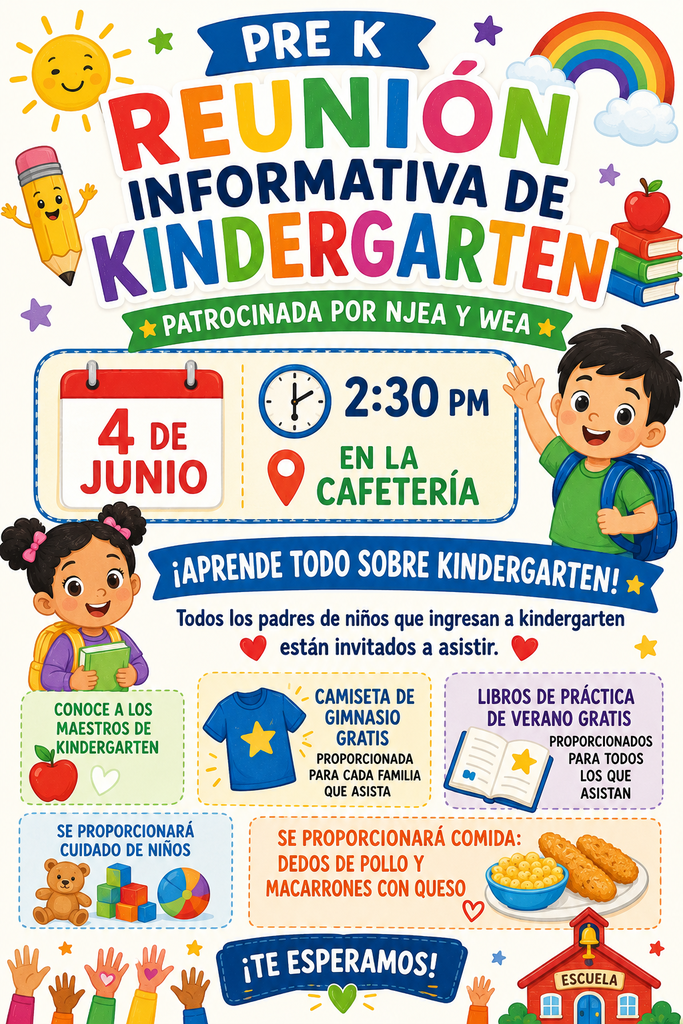 Kindergarten information meeting june 4th 230pm with cute pictures of kids spanish
