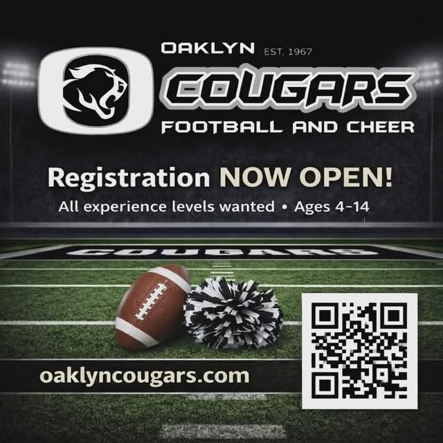 Oaklyn cougars football and cheer registration is open field with football and cheer pom pom and qr code