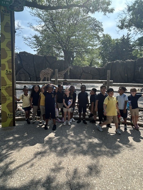 students in front of the giraffes